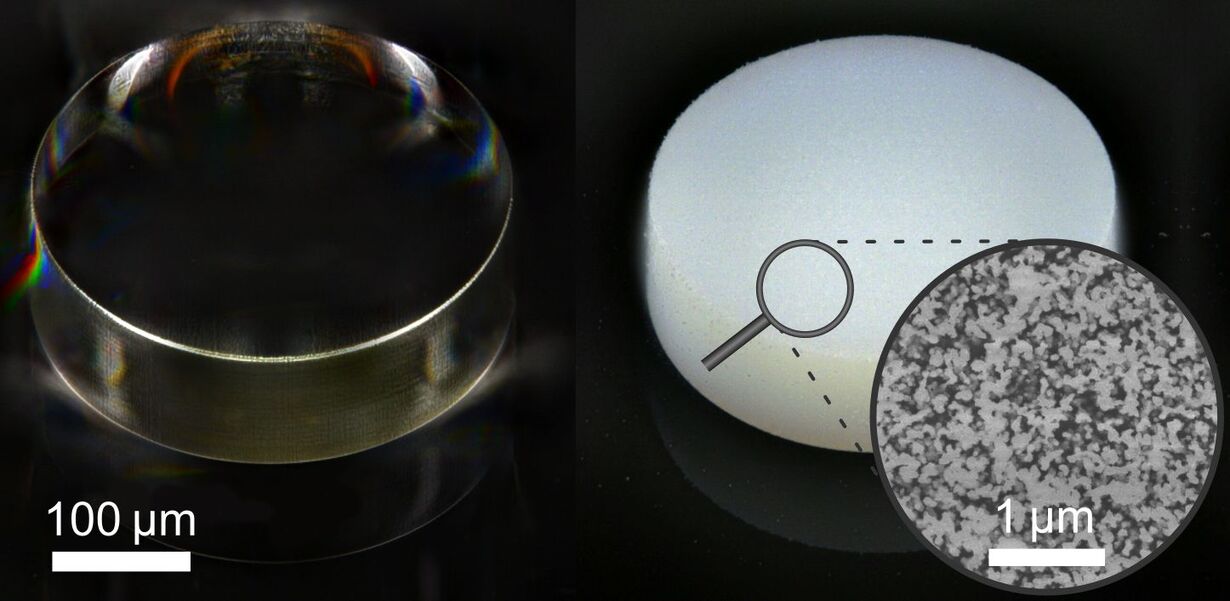 Color change: The right microcylinder printed with the novel photoresist appears white, because light is scattered in its sponge-like structure, whereas the cylinder printed with conventional photoresist appears transparent.