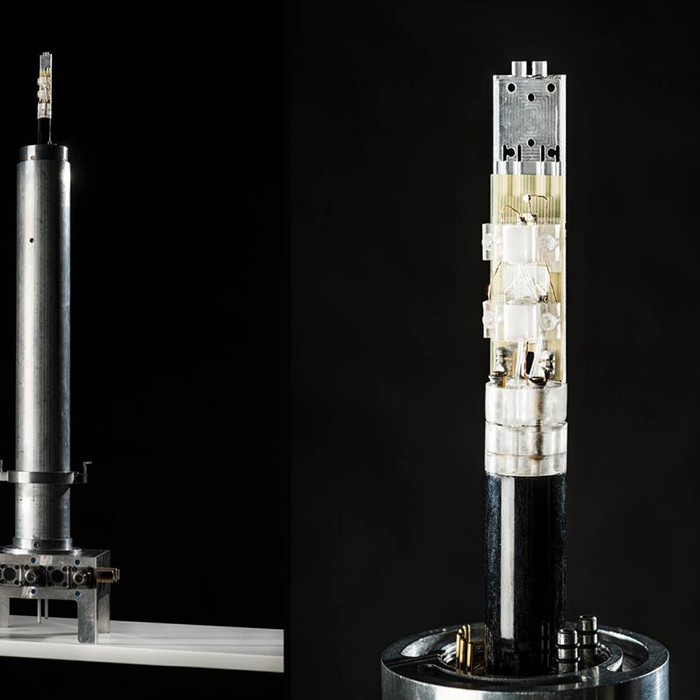 NMR probe (left) with miniaturized detector (right). In HiSCORE, such detectors will be combined with hyperpolarization to acquire binding processes of substance candidates.