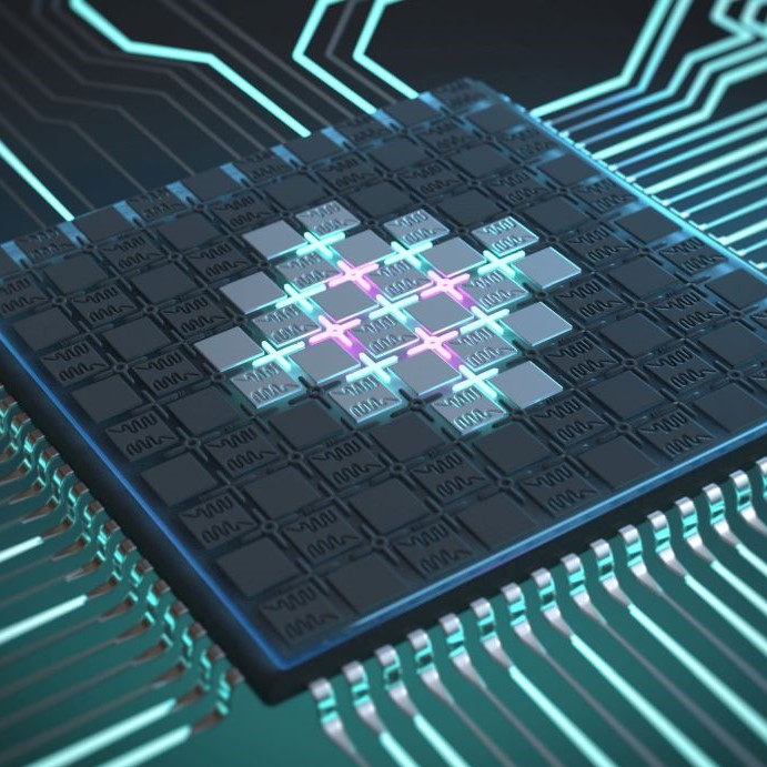 Visualization of a quantum processor: Its core contains a chip on which superconducting qubits are arranged in a checkered pattern.