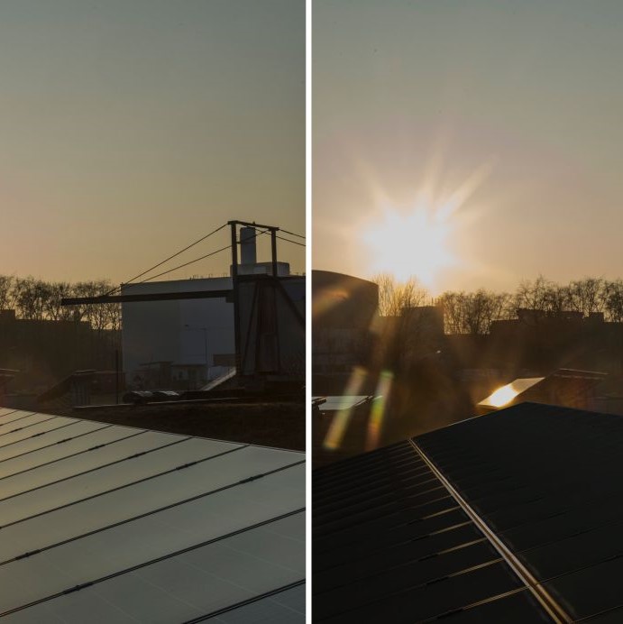 Solar modules without (left) and with (right; visualized) Phytonics film. The film almost completely suppresses reflection for all wavelengths and angles of incidence of light.